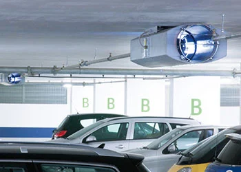 Car park ventilation system with exhaust fans.